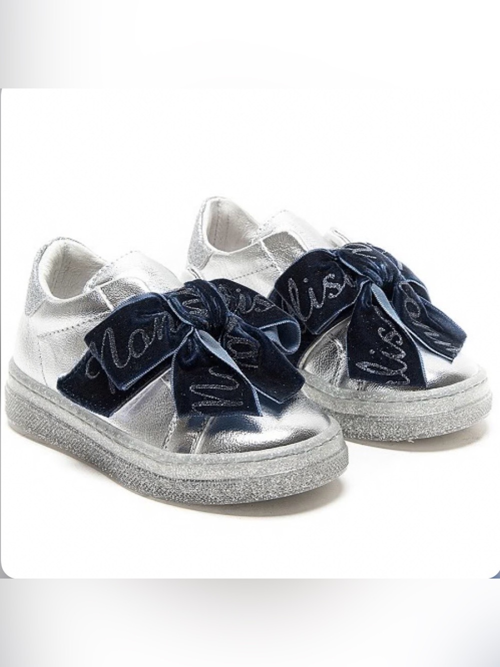 MonnaLisa Kids Girl’s Bow Leather Glitter Sneakers, Silver/Navy, 34 EU